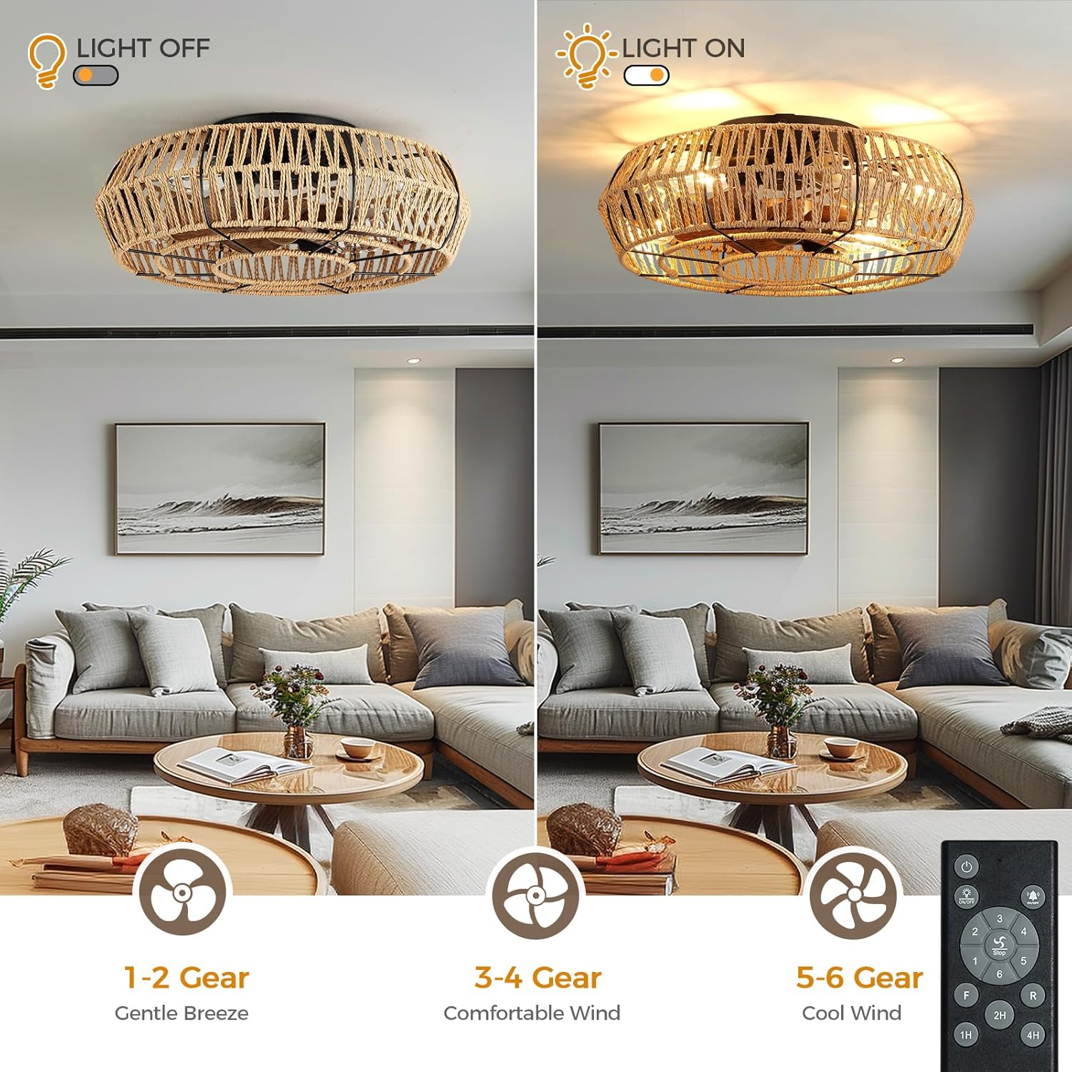 Boho Ceiling Fan with Lights - 20 Inch Flush Mount with Remote, Rattan Caged Design for Bedroom Living Room E9730