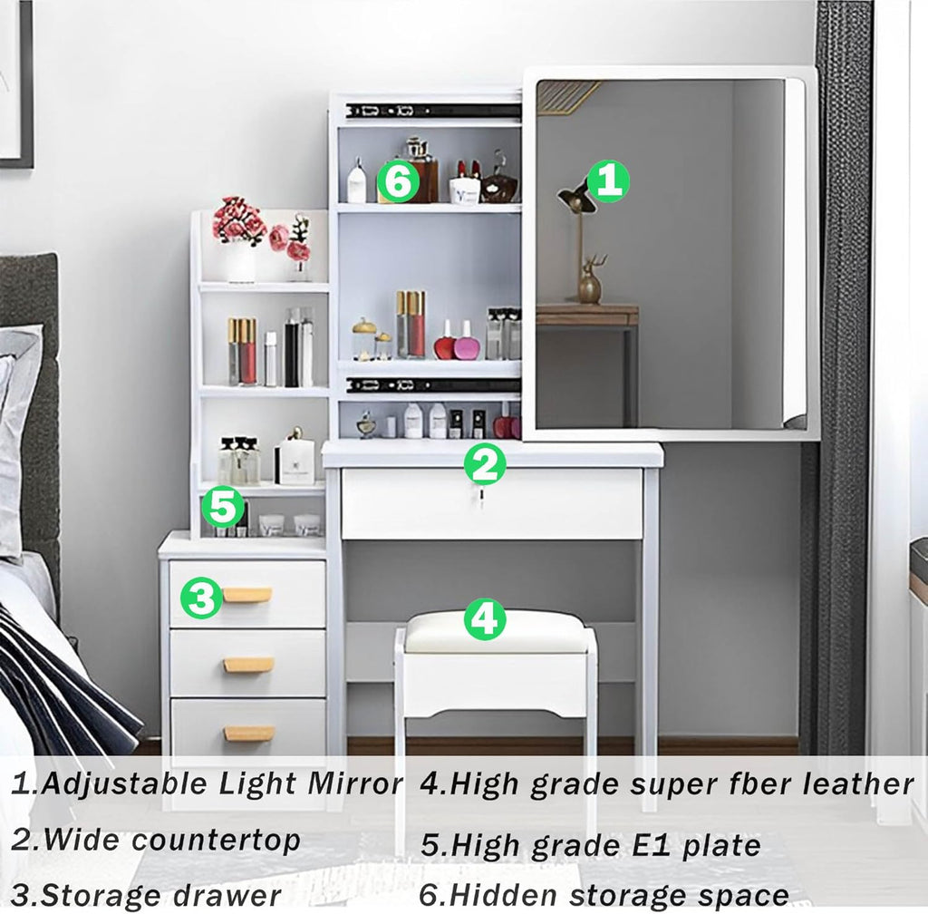 Vanity Desk with Mirror and Lights, Makeup Table with Drawers and Stool Q70965
