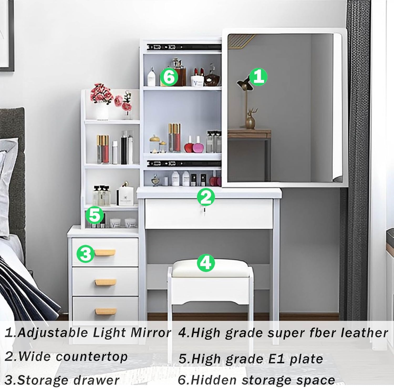Vanity Desk with Mirror and Lights, Makeup Table with Drawers and Stool Q70965