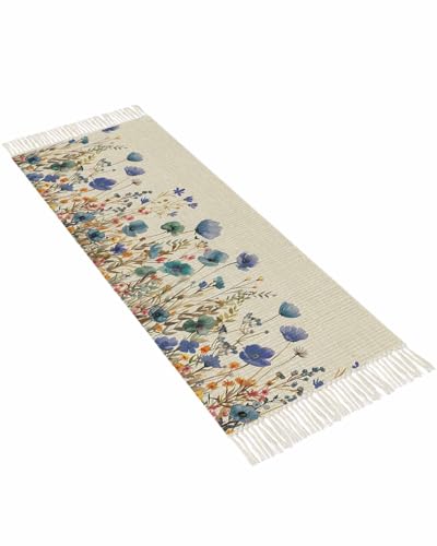 Vintage Floral Runner Rug 2x4ft, Washable Woven Carpet with Tassels N678