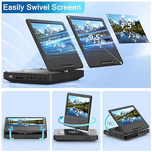 Portable DVD Player with 7.5" Swivel Screen, 5-Hour Battery, SD/USB/CD Support, Black W579