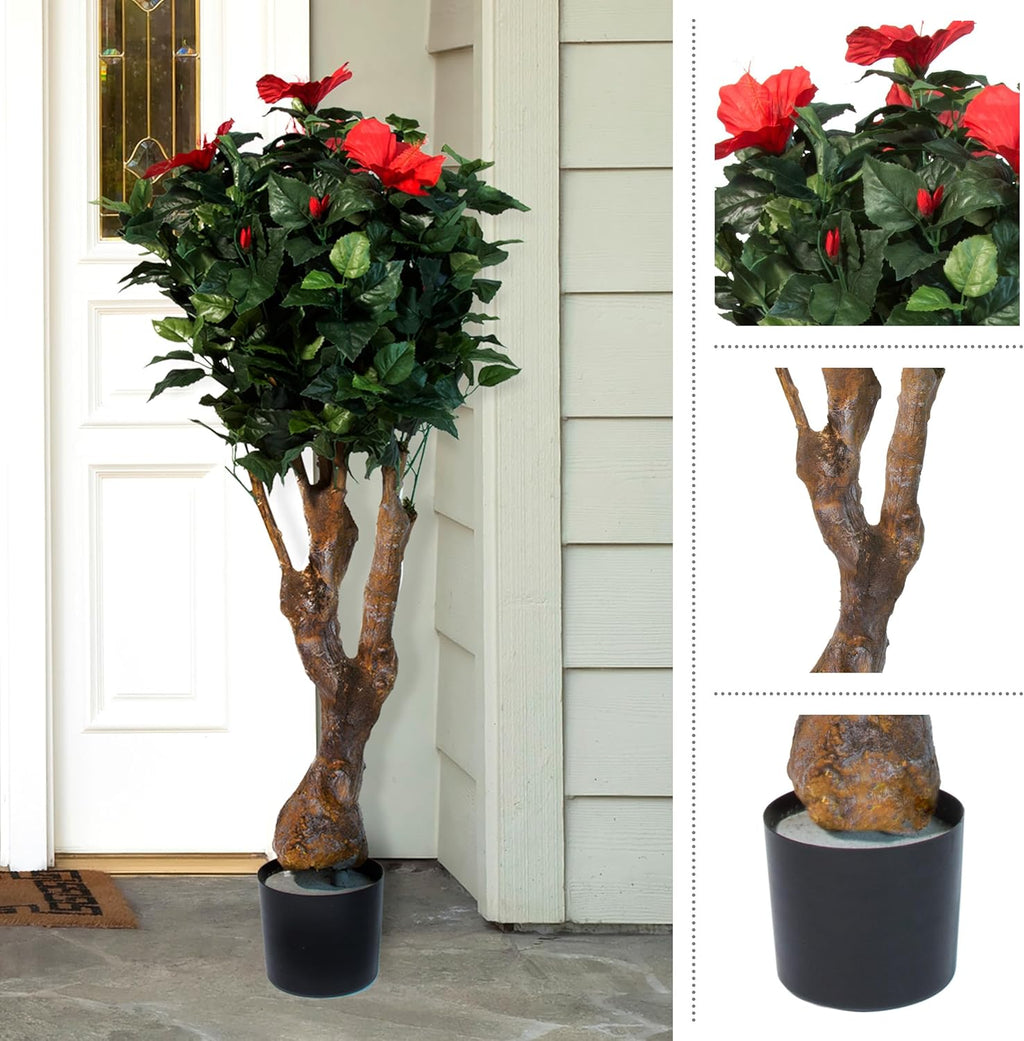 Artificial Hibiscus Plant 48-Inch Fake Tree with Pink Flowers F391