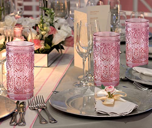 6 Pack Pink Glassware Drinking Glasses, 12oz Embossed Highball Cups H39781