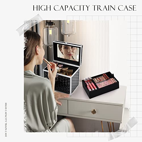 Makeup Train Case Travel Organizer with Divider Tray and Mirror D820