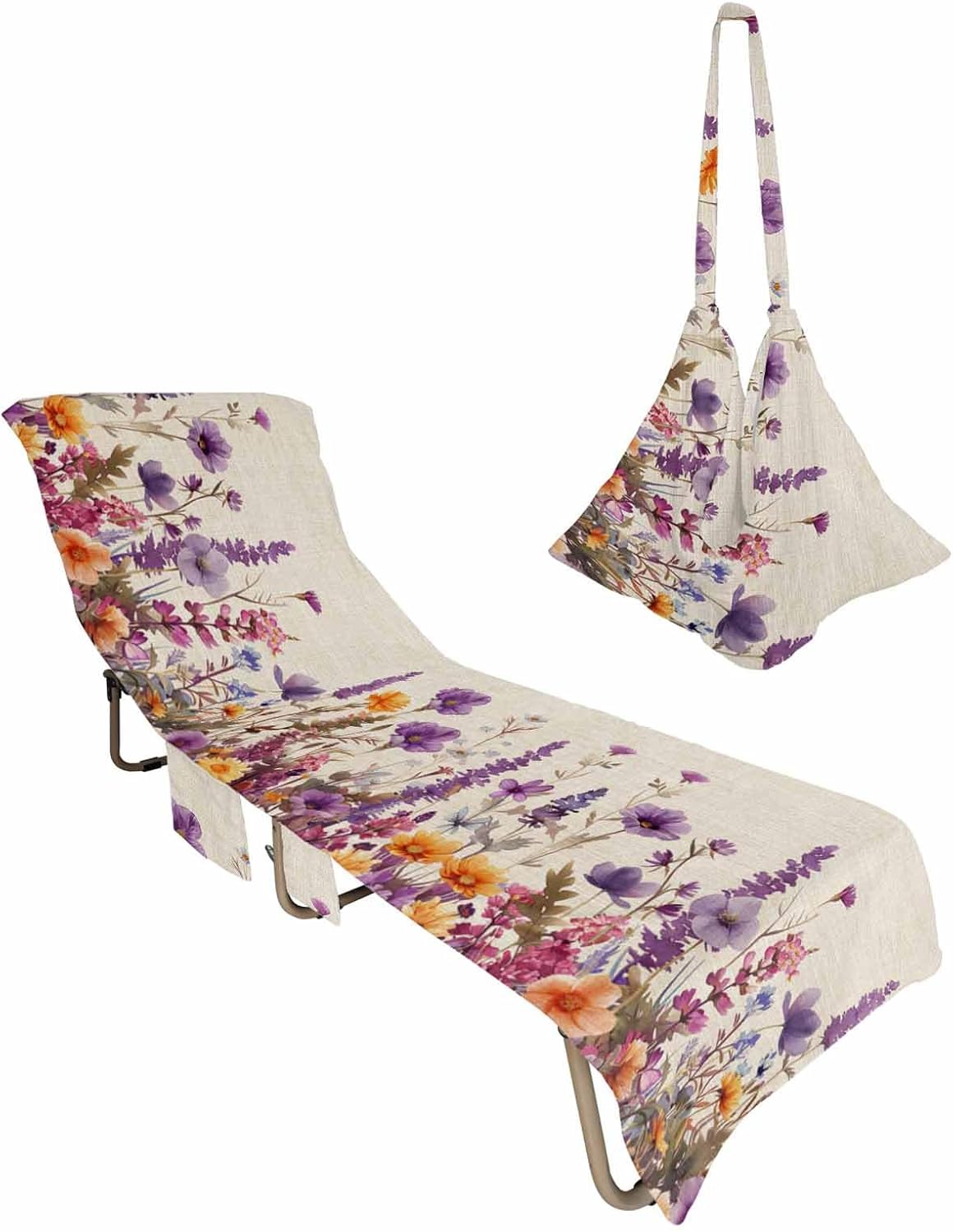 28.7" x 85" Beach Chair Cover with Side Pockets, Flower Plant Watercolor Daisy Lavender Lounge Chair Towel Covers Quick Dry Chair Cover for Pool Garden Beach Hotel Sunbathing,1 PCS