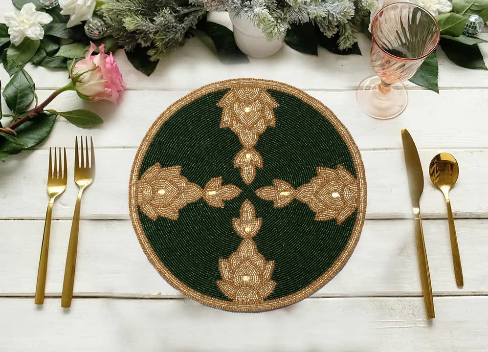 Green Gold Beaded Placemat 13 Inch Round Table Mat G8561