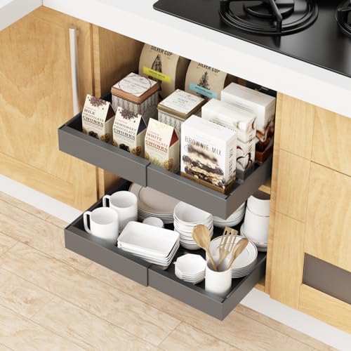 Pull Out Cabinet Organizer, 16.6'' Deep Cabinet Slide Out Shelves, Extendable(12.4"-20.5") Slide Out Drawers for Kitchen Cabinets with Adhesive Film, Pull Out Drawers for Cabinets with 3 Rails, 1 Pack