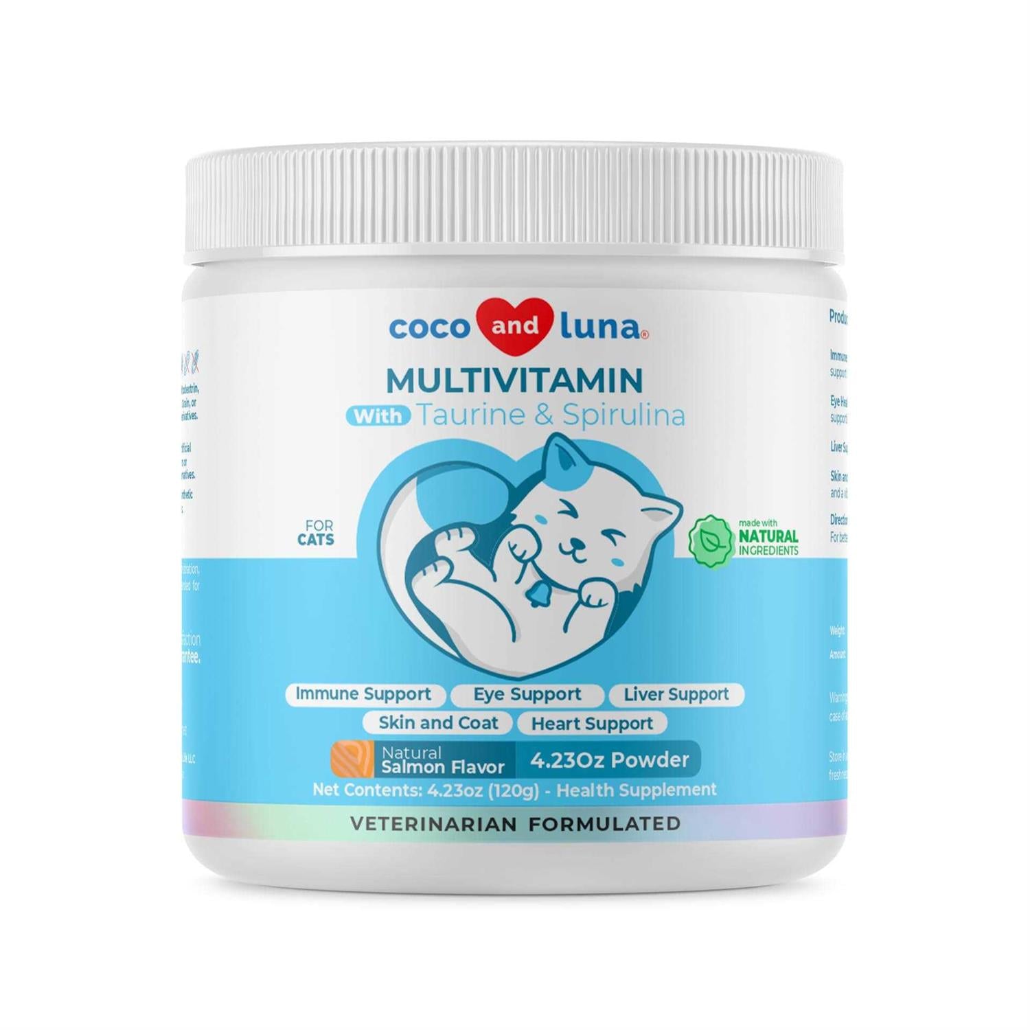 Coco and Luna 10 in 1 Multivitamin for Cats 4oz Powder L-Lysine, Taurine, and Spirulina for Immune Support and Eye Health - Pet Supplies online store