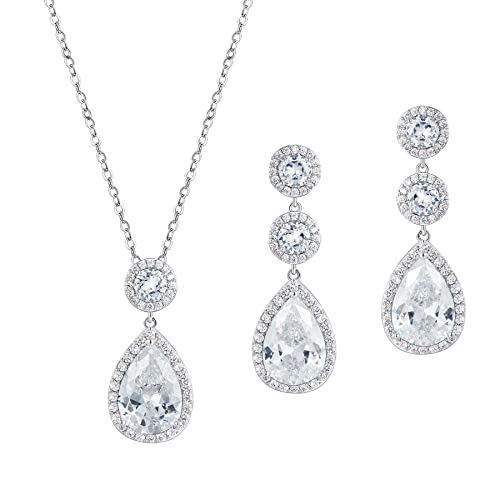 SWEETV Jewelry Set for Women, Teardrop Cubic Zirconia Bridal Backdrop Necklace Earrings Set, Wedding Party Prom Jewelry for Bride Bridesmaid