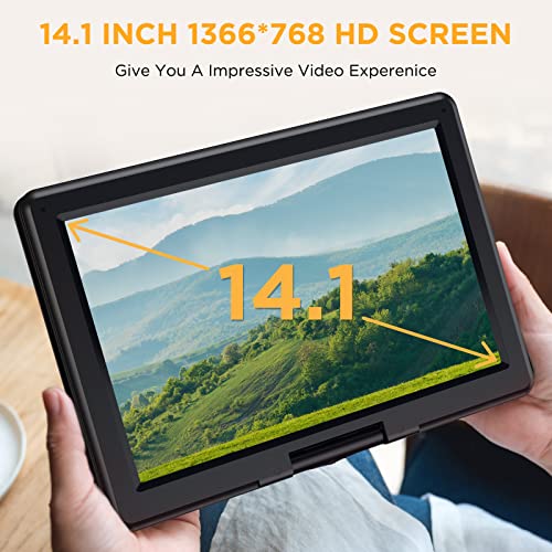 Portable DVD Player with 14.1" HD Swivel Screen, Supports DVD/USB/SD, 6 Hrs Battery I3741
