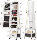 360° Swivel Jewelry Armoire, Floor Standing Locking with Full Length Mirror,Bottom Drawer, Shelf, Wheels,White Cabinet with Large Storage Capacity (White push-pull)