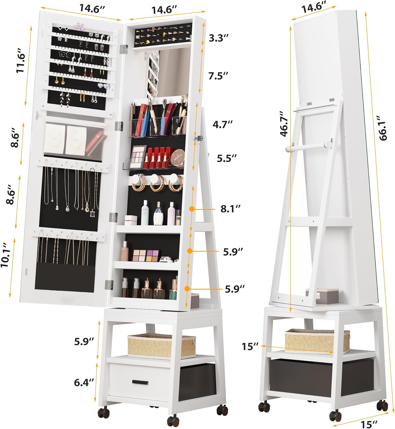 360° Swivel Jewelry Armoire, Floor Standing Locking with Full Length Mirror,Bottom Drawer, Shelf, Wheels,White Cabinet with Large Storage Capacity (White push-pull)