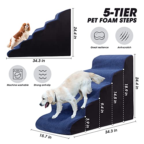 Foam 5 Tier Dog Steps for High Beds, Extra Wide Non-Slip Pet Stairs for Small Older Dogs Cats I4454