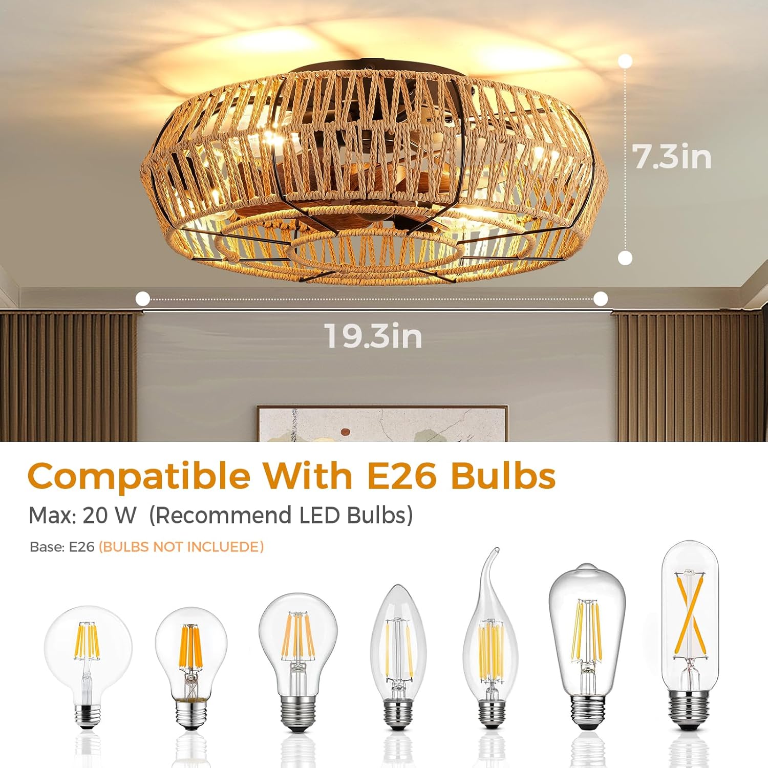 Boho Ceiling Fan with Lights - 20 Inch Flush Mount with Remote, Rattan Caged Design for Bedroom Living Room E9730