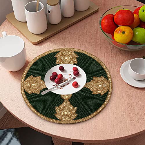 Green Gold Beaded Placemat 13 Inch Round Table Mat G8561