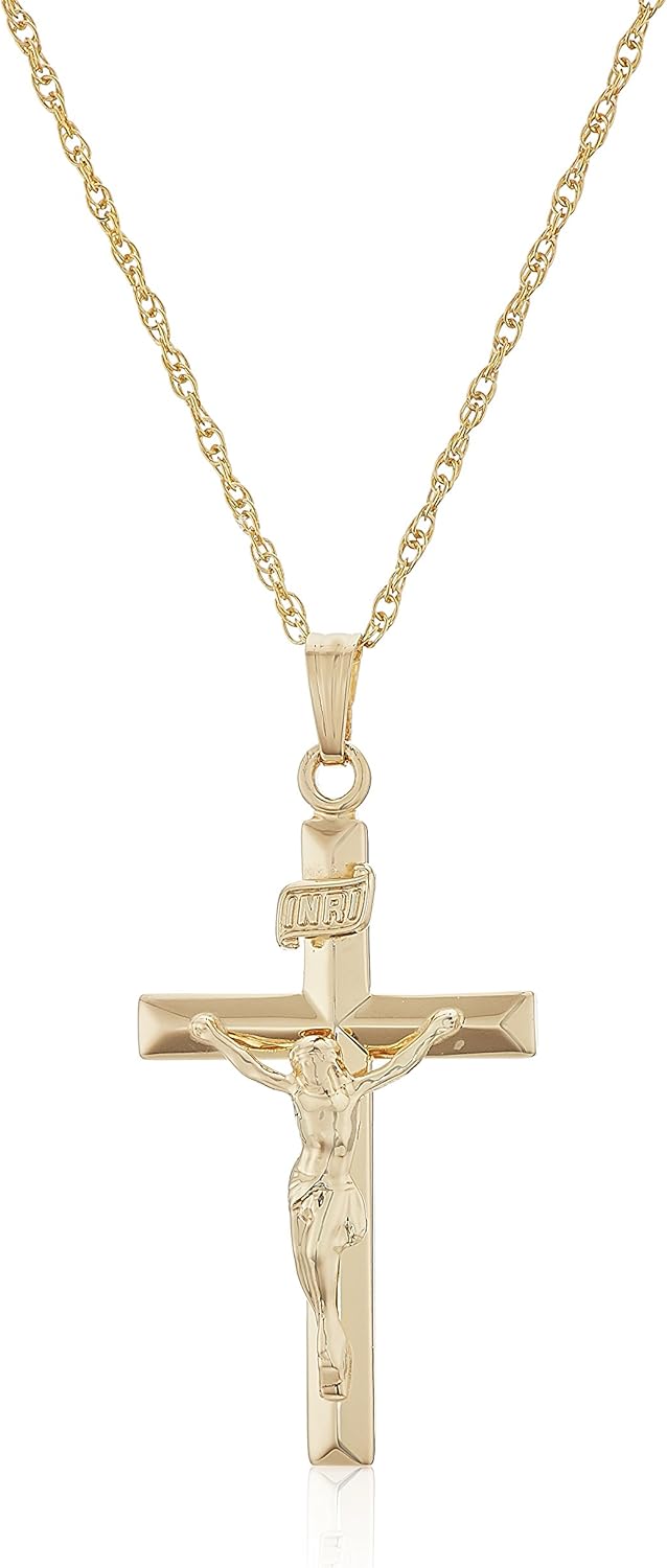 Amazon Essentials 14k Gold Filled Solid Beveled Edge Embossed Crucifix Cross with 14K Gold Filled Chain Pendant Necklace, 18” (previously Amazon Collection)