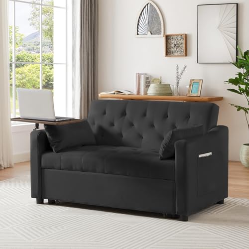 Convertible Sleeper Sofa with Pull Out Bed, 53" Velvet Futon Loveseat J969434