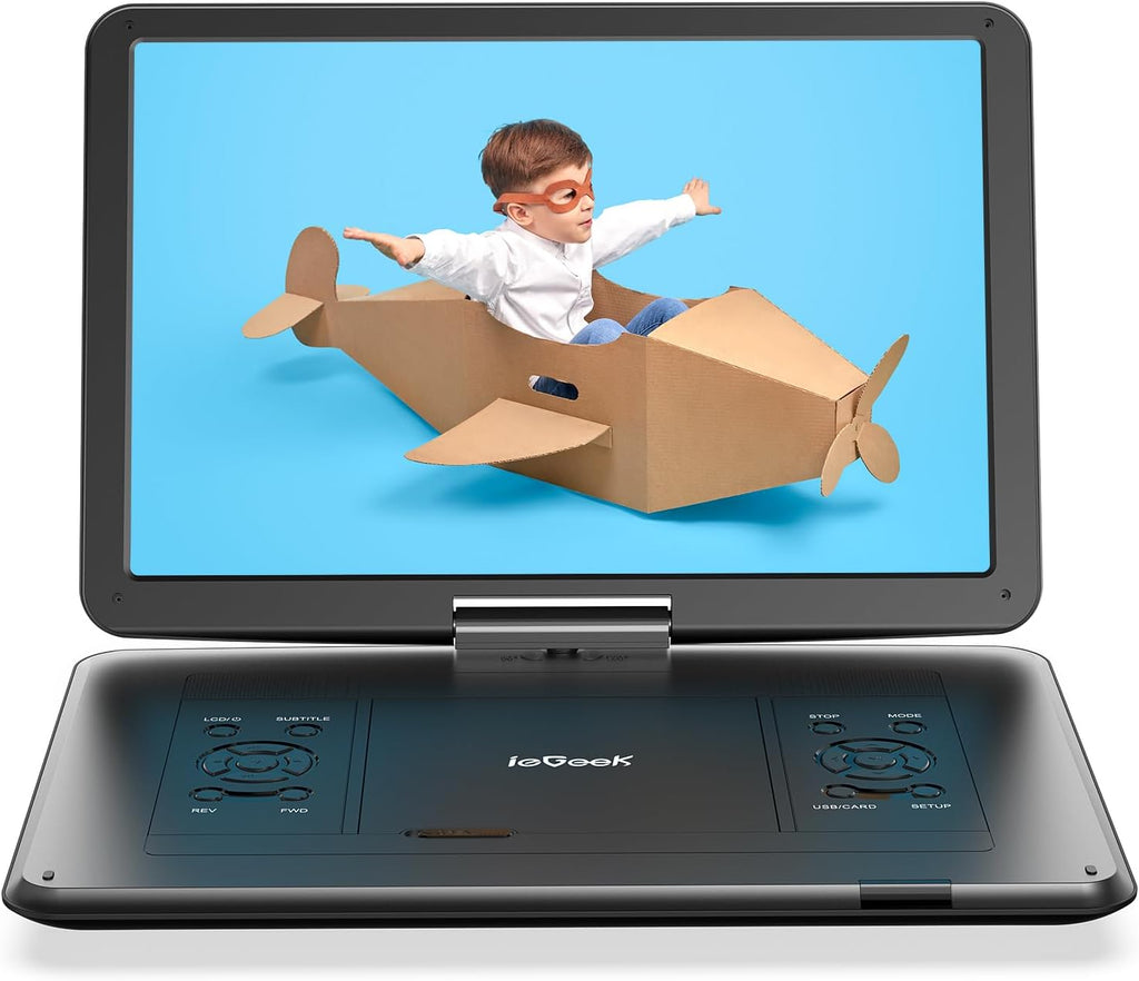 ieGeek 17.5" Portable DVD Player with 15.6" Swivel HD Large Screen, 6 Hrs 5000mAH Rechargeable Battery, High Volume Speaker, Support USB/SD Card/Sync TV, Car Charger, Remote Control, Region-Free