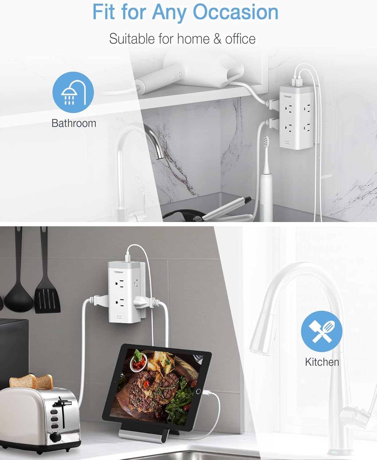 6 Outlet Extender with 3 USB Wall Charger, 1050J Surge Protector M260