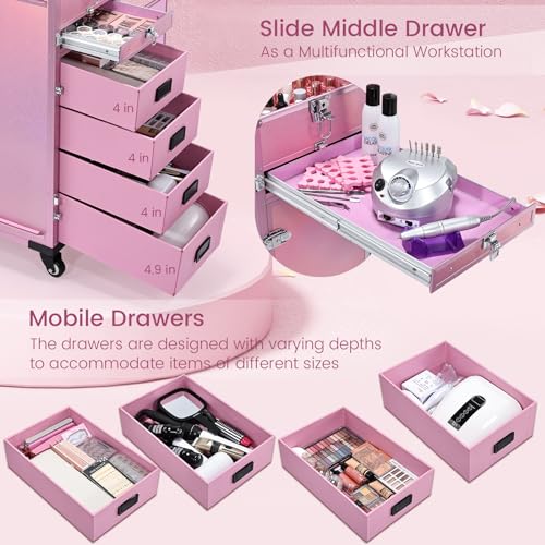 Rolling Manicure Table with 5 Drawers, Foldable Nail Desk on Wheels L19697