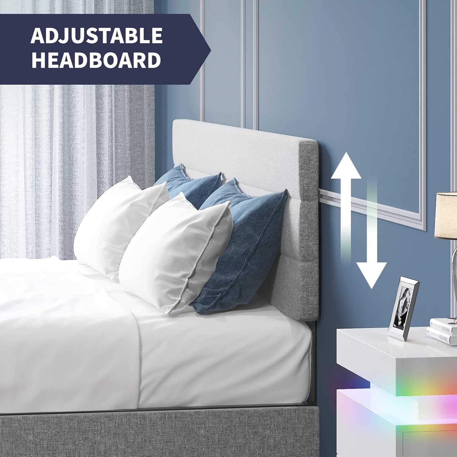 King Bed Frame with 2 Storage Drawers, Linen Headboard, No Box Spring Needed C55509