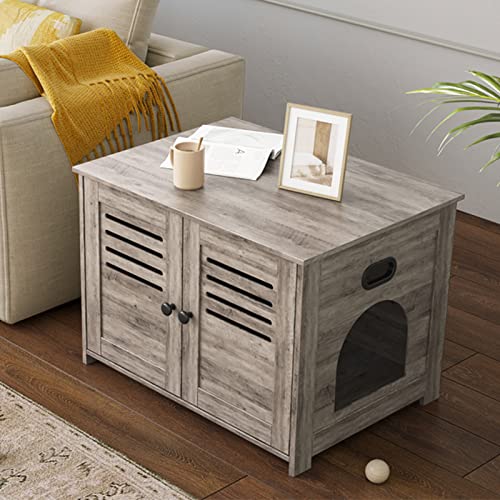 Litter Box Enclosure for 2 Cats, Hidden Cat Furniture with Double Rooms, Wooden Cabinet, Espresso X137756