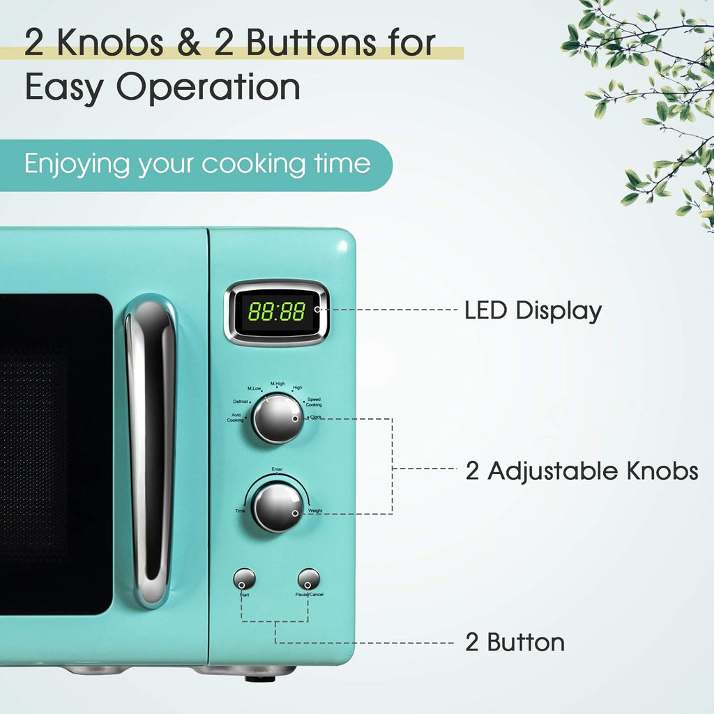 Retro Compact Countertop Microwave Oven, 0.9 cu ft, 900W, Defrost, Auto Cook, LED Display, Child Lock K12982
