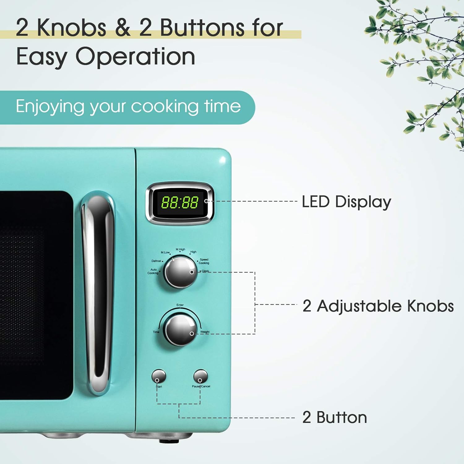 Retro Compact Countertop Microwave Oven, 0.9 cu ft, 900W, Defrost, Auto Cook, LED Display, Child Lock K12982