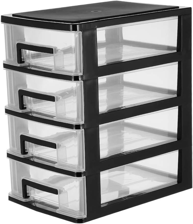 EXCEART 4 Layer Desktop Cabinet 4 Layer Plastic Drawer Cabinet Small Plastic Storage Cabinet for Office Bedroom Home (Black and Transparent)