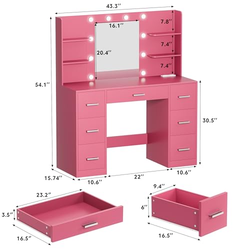 Vanity Desk with LED Mirror and Power Outlet, 7 Drawers C542075