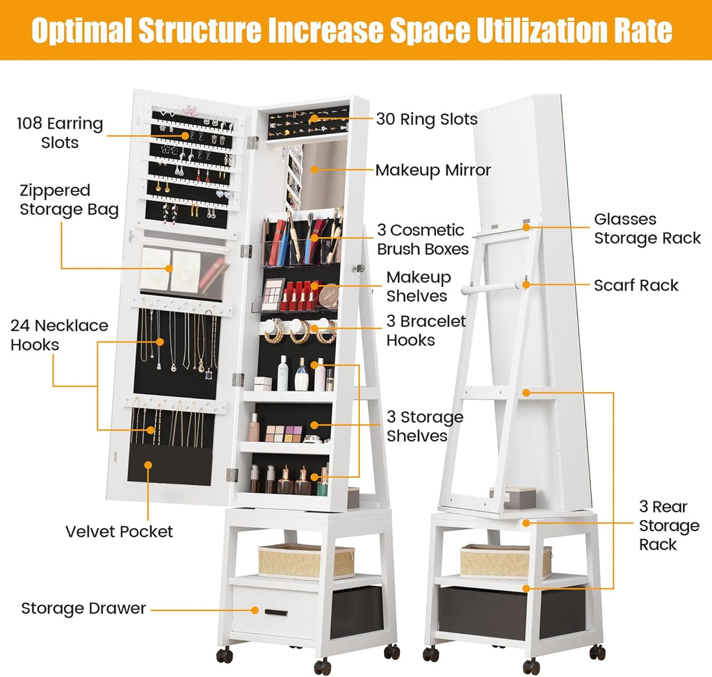 Floor Standing Jewelry Armoire with Full Length Mirror and Locking Storage D5953