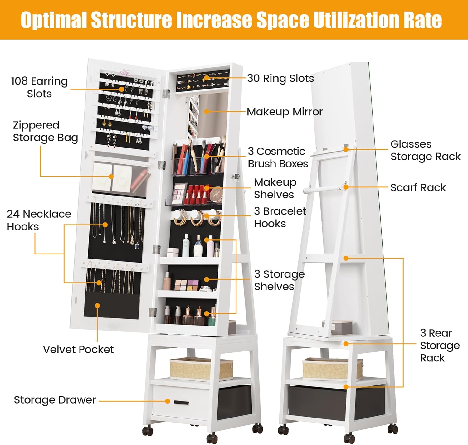Floor Standing Jewelry Armoire with Full Length Mirror and Locking Storage D5953