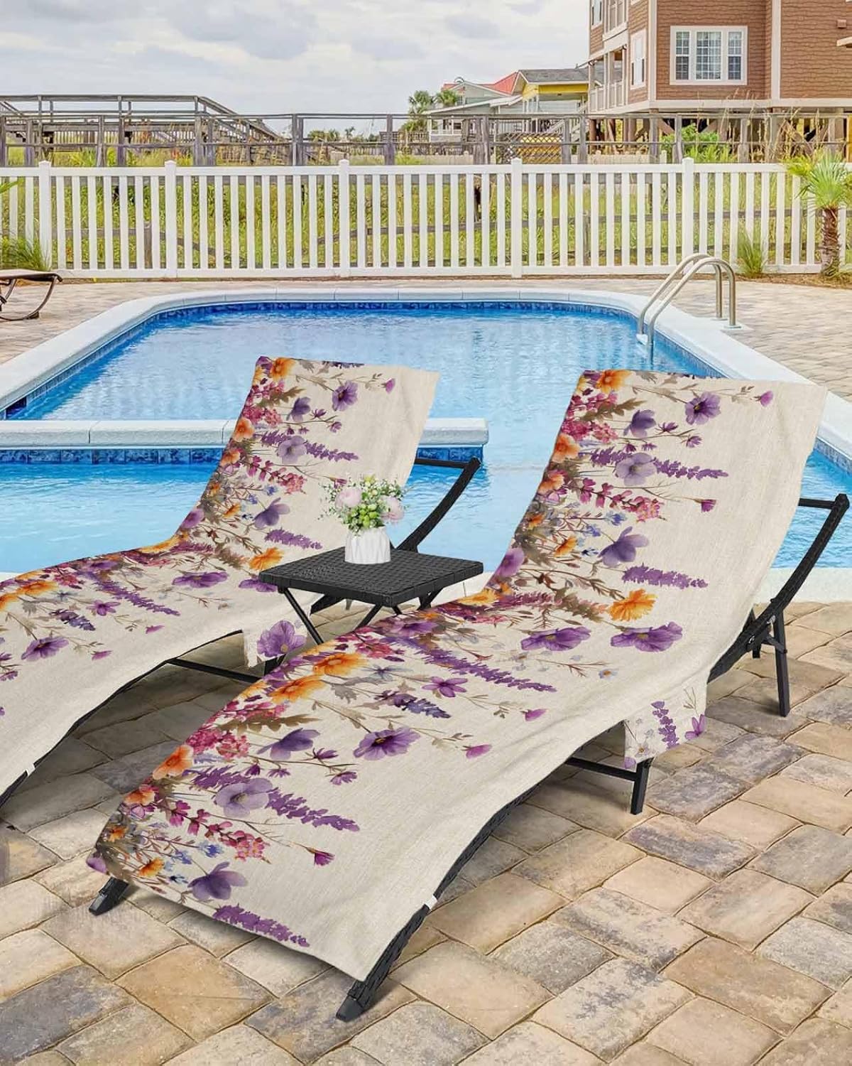 Beach Chair Cover with Side Pockets, Quick Dry, Watercolor Floral Print J8386