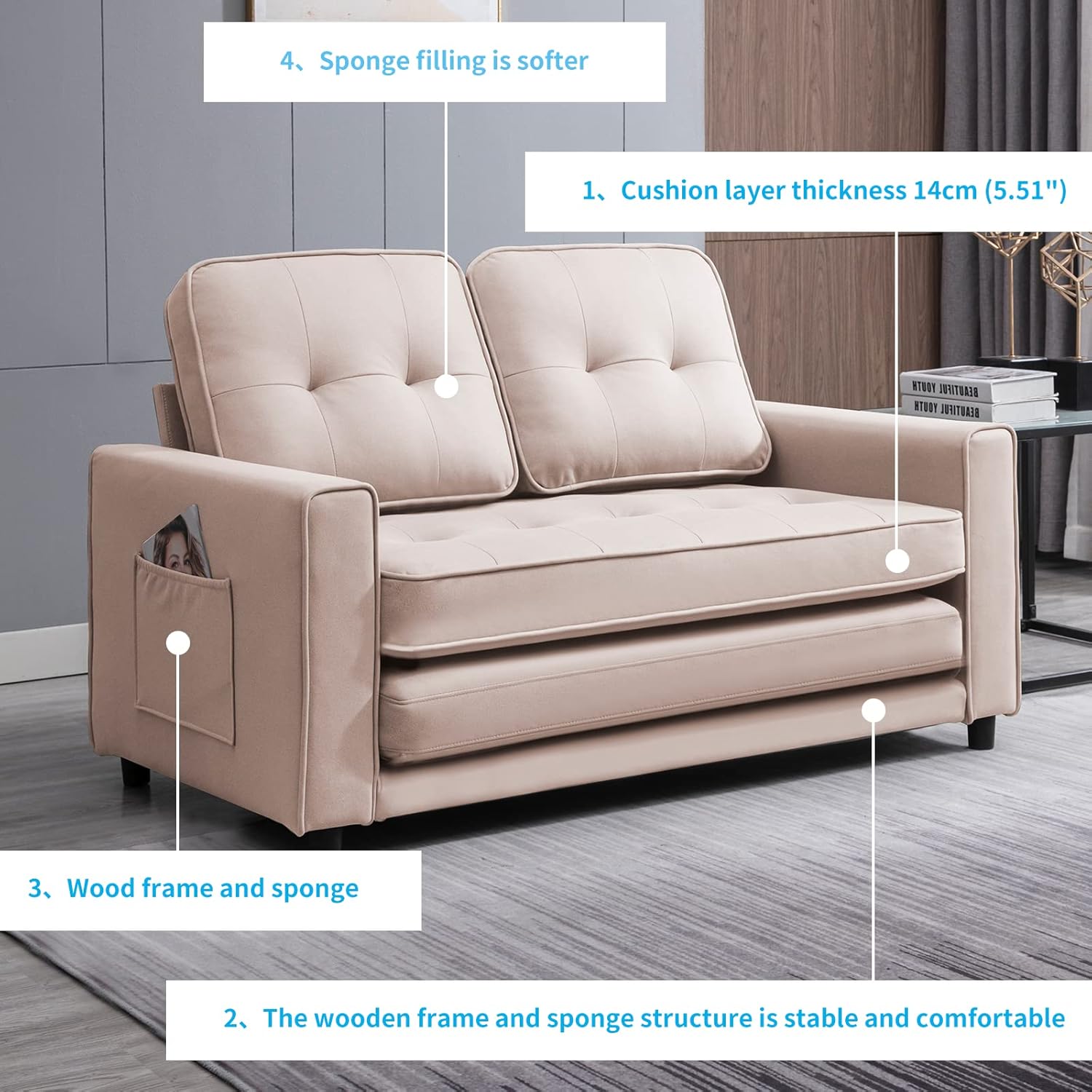 3-in-1 Convertible Pull Out Sofa Bed with Side Pockets, Loveseat Sleeper for Small Apartment P97949