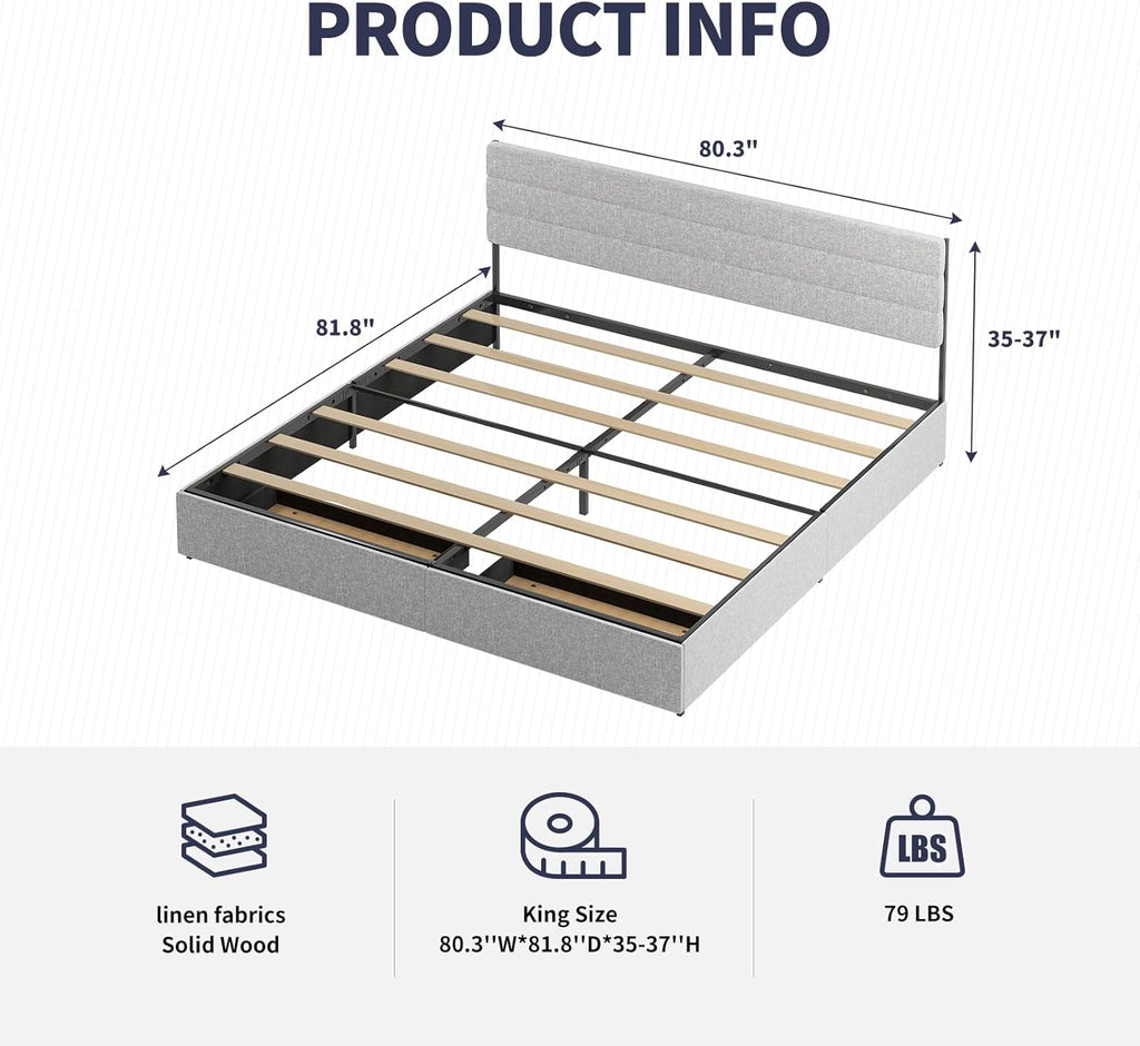 King Bed Frame with 2 Storage Drawers, Linen Headboard, No Box Spring Needed C55509