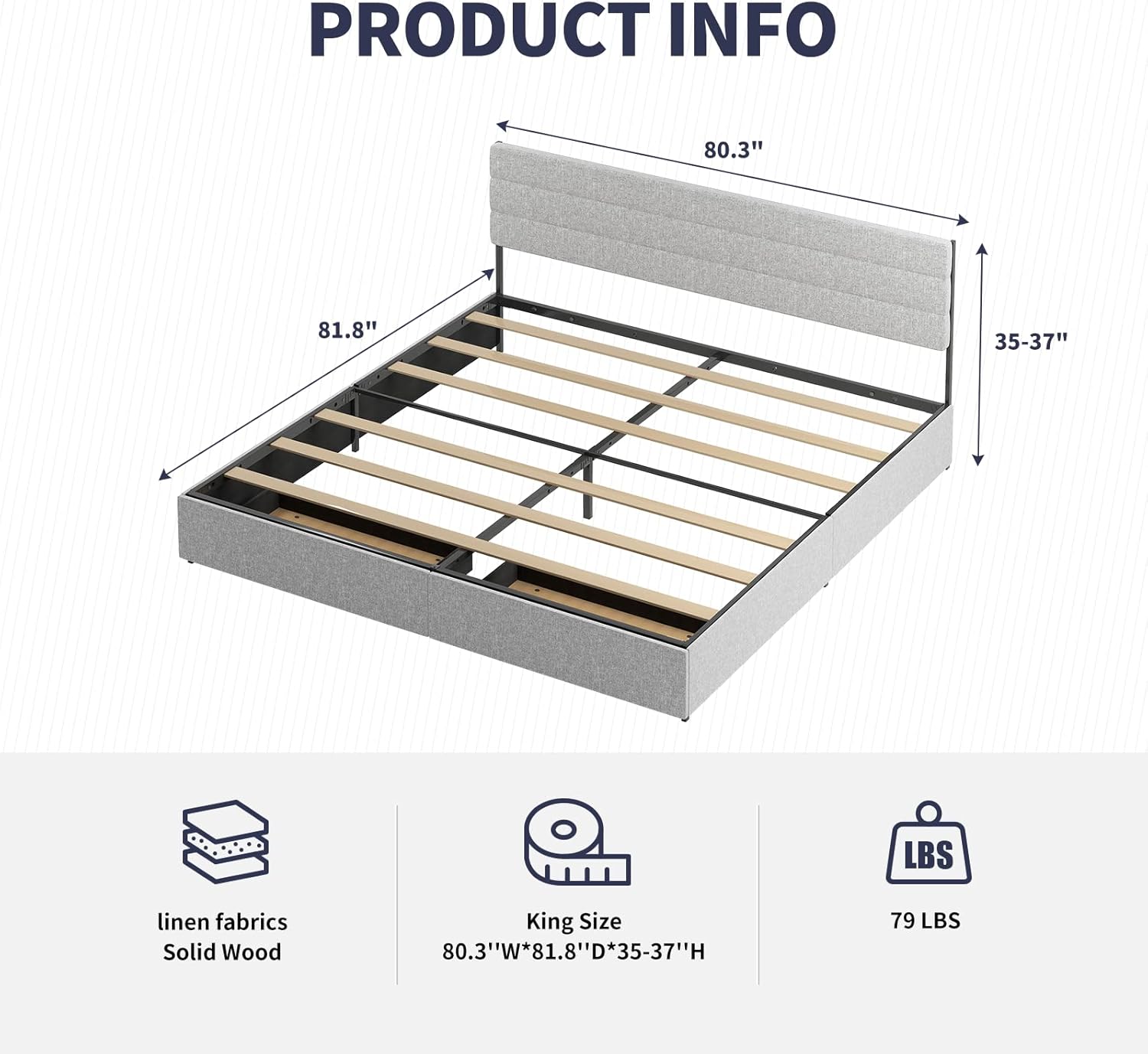 King Bed Frame with 2 Storage Drawers, Linen Headboard, No Box Spring Needed C55509