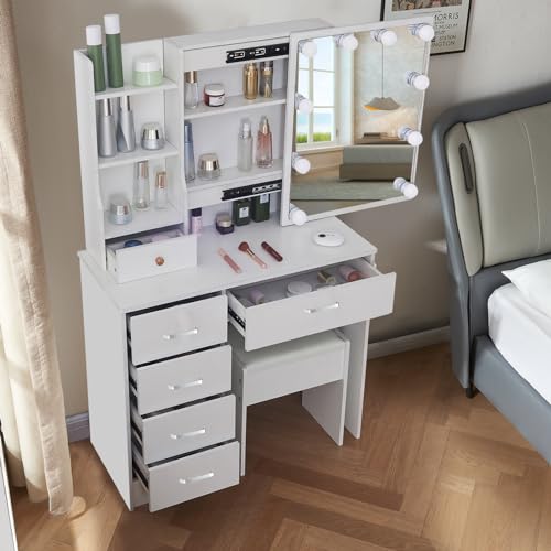 Vanity Set with Lights and Mirror, Storage Drawers and Stool N8097