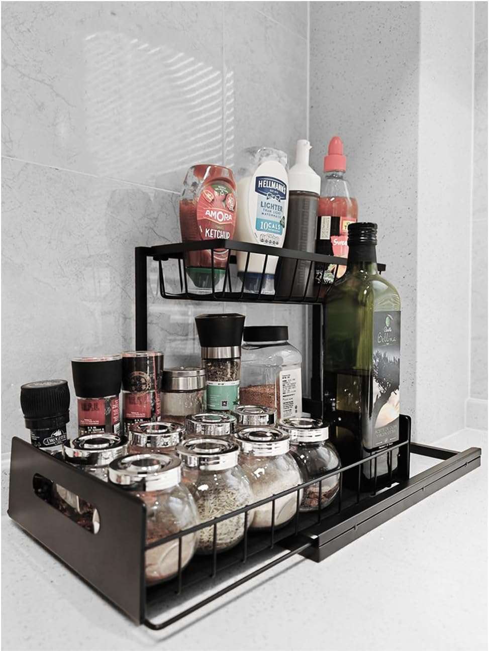 Under Sink Organizer 2 Tier Pull Out Sliding Shelf L-Shape Metal Storage L6918