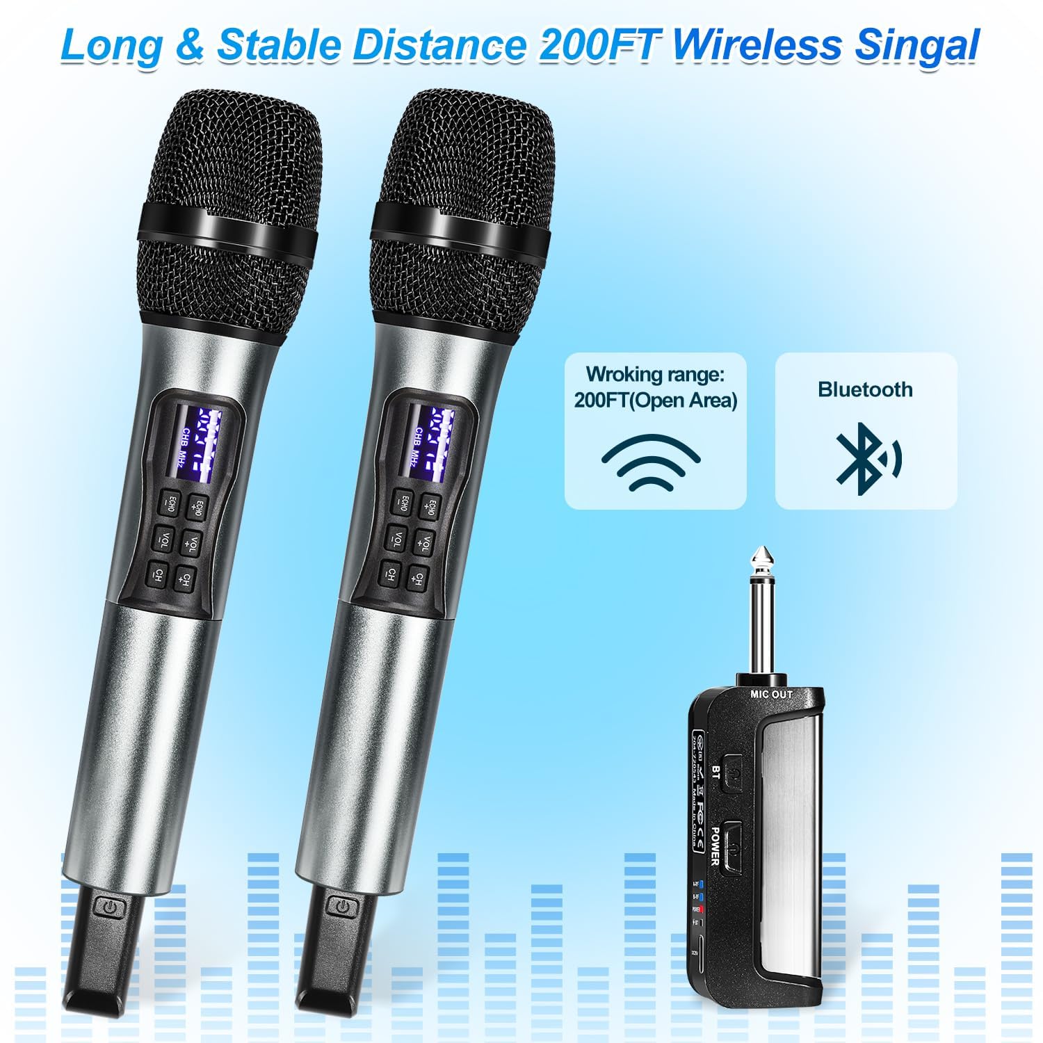 Wireless Karaoke Microphone System with Bluetooth Receiver, UHF 200 ft Range X8065