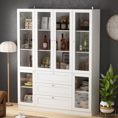 Hitow 78.7" Tall Curio Cabinet Acrylic Storage Cabinet with 5-Tier Shelf & 3 Drawer, Display Bookshelf Bookcase with 6 Acrylic Glass Doors, Liquor Cabinet for Home Office Kitchen Garage, White 63" W