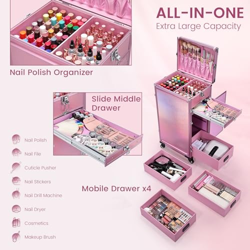 Rolling Manicure Table with 5 Drawers, Foldable Nail Desk on Wheels L19697