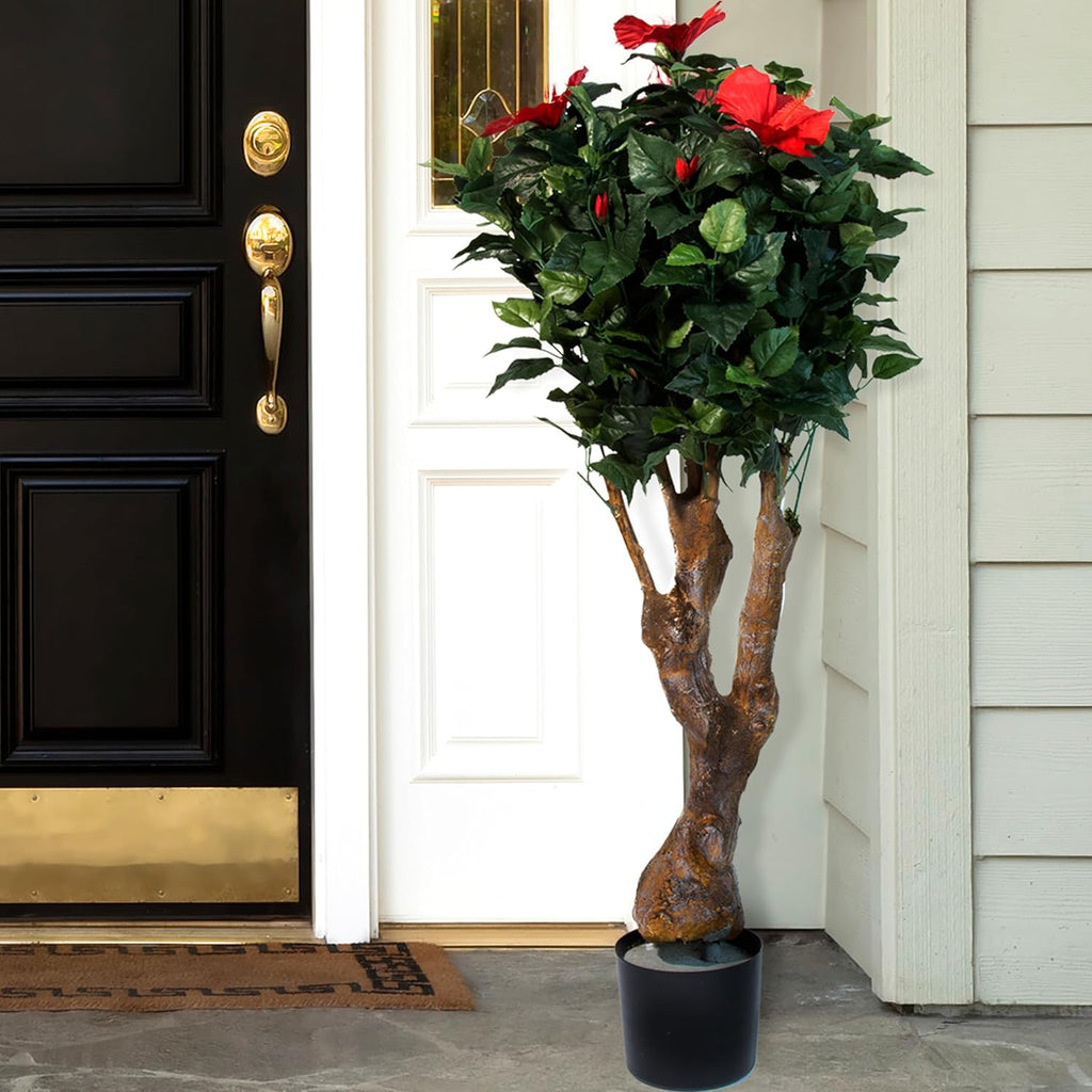 Artificial Hibiscus Plant 48-Inch Fake Tree with Pink Flowers F391