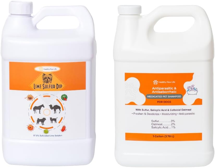 Lime Sulfur Dip and Antiparasitic & Antiseborrheic Sulfur Salicylic Acid Dog Shampoo- 1 Gallon Each - Safe Solution for Itchy Skin, Hot Spots, Yeast & Mange - Healthy Paw Life