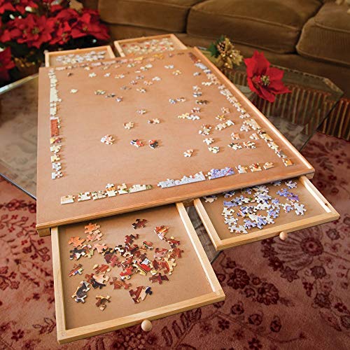 Bits and Pieces - 1000 Piece Puzzle Board with Drawers - Original Standard Wooden Puzzle Plateau - Tabletop Deluxe Jigsaw Puzzle Organizer and Puzzle Storage System (Standard with Spinner)