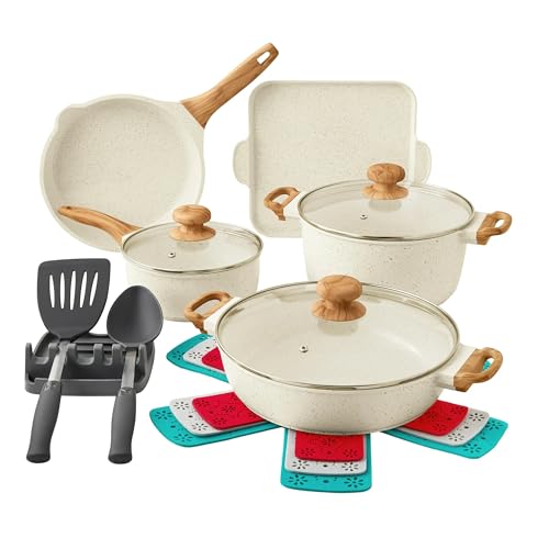 The Pioneer Womans 14-Piece Cast Aluminum Cookware Set with Nonstick Coating, Charcoal Speckle - Durable and Stylish Cookware Collection (Teal Speckle)