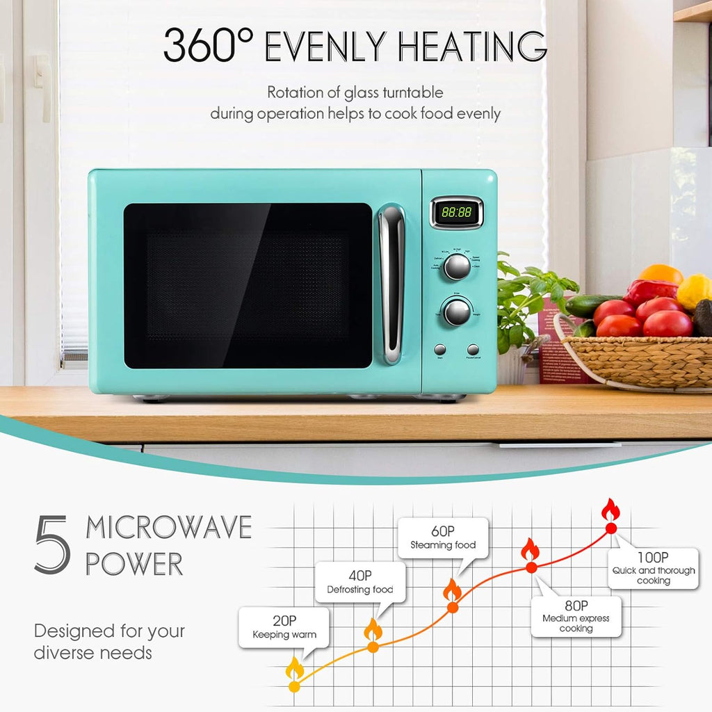 Retro Compact Countertop Microwave Oven, 0.9 cu ft, 900W, Defrost, Auto Cook, LED Display, Child Lock K12982