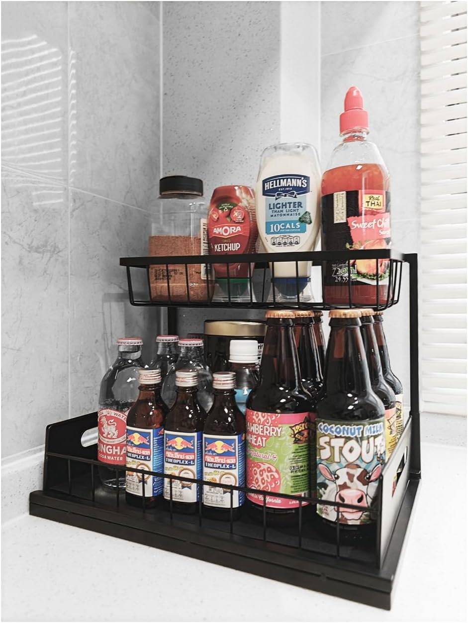 Under Sink Organizer 2 Tier Pull Out Sliding Shelf L-Shape Metal Storage L6918