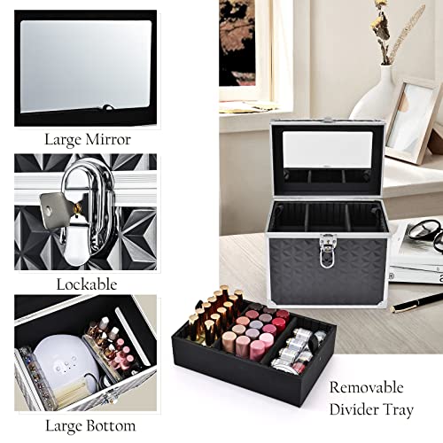 Makeup Train Case Travel Organizer with Divider Tray and Mirror D820