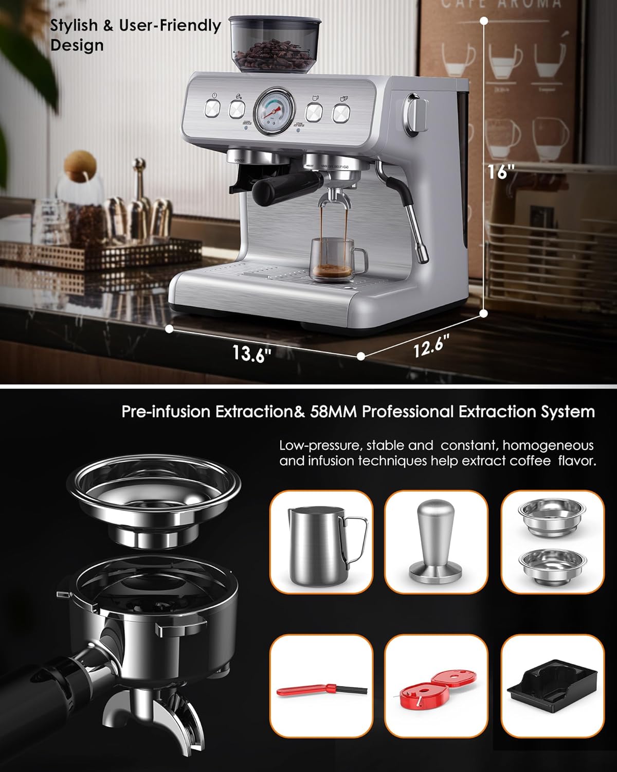 Espresso Machine with Bean Grinder and Milk Frother, Stainless Steel M61756