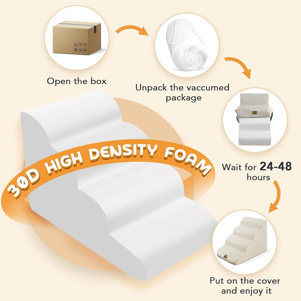 Foam Pet Stairs for High Bed, 4-Tier Dog Steps with Non-Slip Bottom, Beige P5934